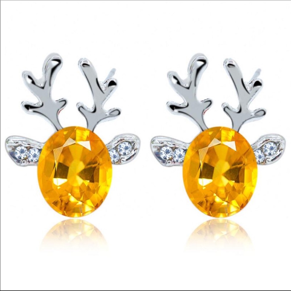 YELLOW STONE REINDEER EARRINGS W/ SILVER TONE NEW